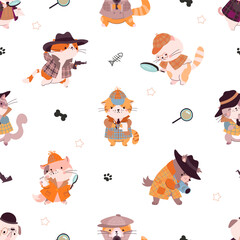 Wall Mural - Animal detectives. Cute cartoon cats investigation, kitty wear costumes and looking evidence. Funny childish fabric print, nowaday vector background