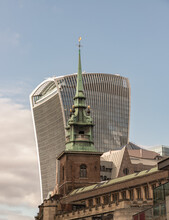 View Of The Copper Green Spire Steeple Of All Hallows By The Tower Church (Ancient Anglican Church) With The Modern 20 Fenchurch Street (Walkie-Talkie Building) Skyscraper Is Behind. 