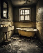 Cracks In The Abandoned Bathroom, Vintage Old Bath And Sink, Battered Tiles And Broken Walls, Dirty Window And Mirror