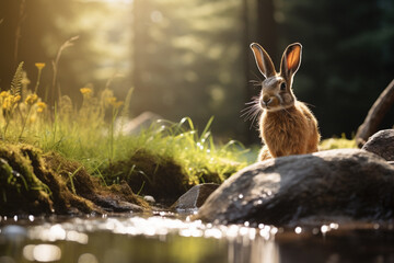 Wild brown european hare stands in the grass and looking at the camera. Lepus europaeus stands on the ground against the backdrop of a green forest. Generative AI