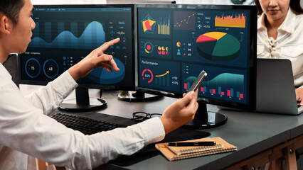 Poster - Analyst working on data analysis or BI dashboard on computer monitor. Business team analyzing financial data by Fintech in corporate office for business marketing and strategy planning. Trailblazing