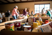 Mature man working as volunteer at community center and arranging donated food and water in boxes