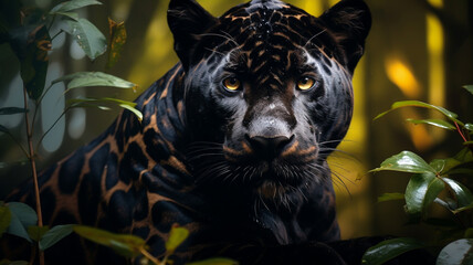 Black jaguar with bright eyes in lush green rainforest