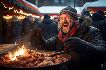 A man eating outside a food stall during german christmas market holiday