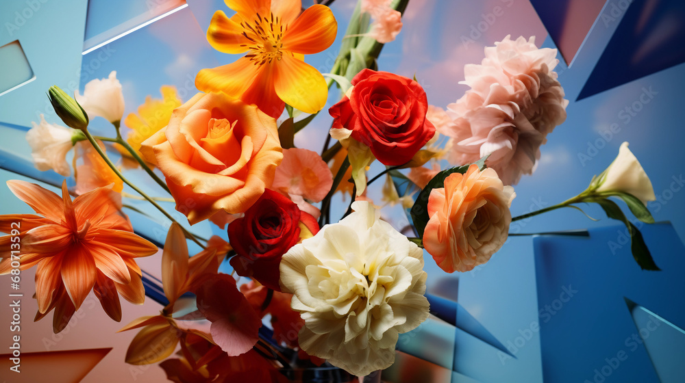 Abstract cubism, multiple perspectives of a bridal bouquet being caught ...