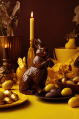 Wall Mural - easter chocolate and decorations on a yellow table with bunnies