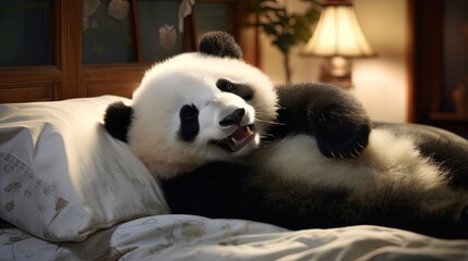 Wall Mural - Bed bound panda beams happily.