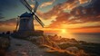 Sunset magic in the village the windmills seem like sentinels marking time in this world of tranquility.