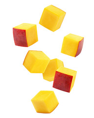 Wall Mural - falling mango cube isolated on white background, full depth of field