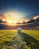 Fototapeta Fototapety sport - ball on the green field in soccer stadium. ready for game in the midfield