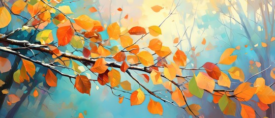 Wall Mural - illustration of orange leaves branch with sunlight and bokeh, peaceful Autumn and fall season foliage wallpaper background, Generative Ai