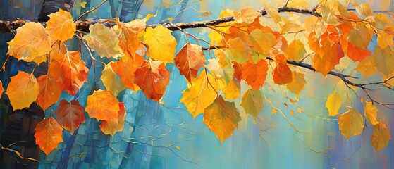 Wall Mural - illustration of orange leaves branch with sunlight and bokeh, peaceful Autumn and fall season foliage wallpaper background, Generative Ai