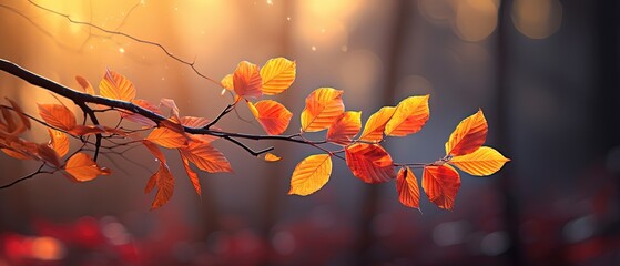 Wall Mural - close up orange leaves branch with sunlight and bokeh, peaceful Autumn and fall season foliage wallpaper background, Generative Ai