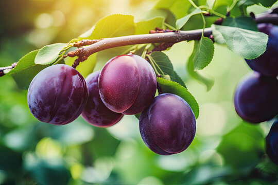 ripe plums: fresh and healthy fruits on a tree in the lush, summer orchard