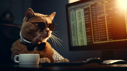 Wall Mural - Business cat with glasses in front of a computer