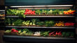 Grocery shelves in bio supermarket with fresh green vegetables and fruit