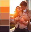 Design palette colour swatch inspired by sunset summer date, beautiful loving couple. Designer pack with photo, swatches. Harmonious warm autumn colours, combination orange, brown, yellow, beige