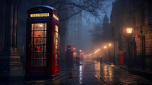 Red Telephone Box In Night