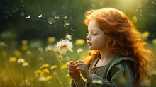 Little Red-haired Girl Blowing A Dandelion In A Field