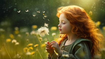 little red-haired girl blowing a dandelion in a field