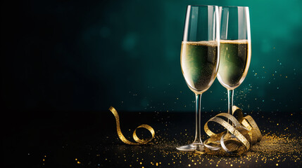 Wall Mural - two glasses of champagne with elegantly curved divine gift ribbon as decoration with text area in front of a bokeh background