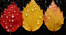 Leafs Of Three Different Colors With Water Droplets