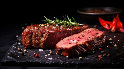 Wall Mural - Fresh juicy delicious beef steak on a dark background. Meat dish with spices and herbs. Sliced medium rare grilled Steak Ribeye Black Angus