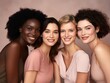 © IgnacioJulian - four beautiful women smiling in front of the camera light beige and amber simplicity monochromatic color palette