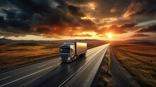 Truck Driving On The Asphalt Road In Rural Landscape At Sunset With Dark Clouds. Wide Panorama