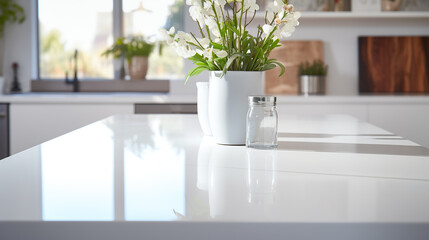 Sticker - White countertop or kitchen island on a modern blurred bright kitchen interior in the background