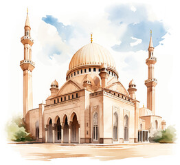 muslim family walking to mosque  , watercolor clipart