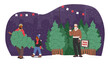 Dad and Son Family Characters Roam The Christmas Tree Farm, Under The Starry Night, Amid Rows Of Evergreens