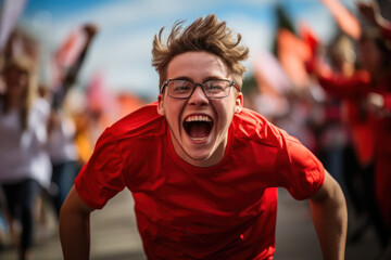 Wall Mural - A person with disabilities participating in a sports event, flashing a triumphant smile as they cross the finish line, highlighting the joy of overcoming challenges.  Generative Ai.