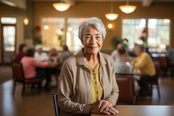 Sticker - A senior citizen beaming as they volunteer at a local retirement home, demonstrating the happiness of giving back. Concept of senior citizens and community involvement. Generative Ai.