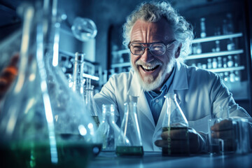 Poster - a scientist excitedly making a discovery in the laboratory, representing the happiness of innovation