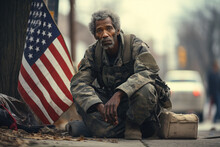 A Homeless Veteran, Sitting On A Street Corner With A Sign Seeking Assistance. Concept Of Homelessness And Military Service. Generative Ai.