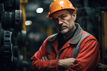 Poster - a factory worker, surrounded by industrial machines, with a weary expression. concept of labor and m