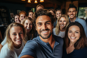 Wall Mural - A startup founder shares a cheerful selfie with colleagues after securing funding from venture capitalists. Concept of entrepreneurship and investment. Generative Ai.