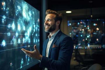 Poster - a business professional beams with happiness during a video conference, announcing a groundbreaking 