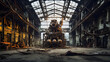 Deserted factory with rusting machinery and broken windows