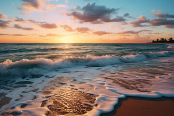  A serene beach at sunset, with waves gently lapping the shore. Concept of relaxation and coastal beauty. Generative Ai.