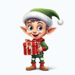 Festive Joy: Cartoon Christmas Elf Boy with a Gift, Isolated on White. Generative ai