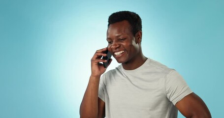 Poster - man, conversation and smile for phone call in studio by blue background for communication, hello and