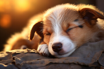 Sticker - A contented puppy curled up in a sunbeam for an afternoon nap. Concept of restful relaxation. Generative Ai.