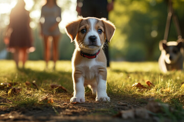 Sticker - A curious puppy meeting new human and animal friends at the park. Concept of socialization. Generative Ai.