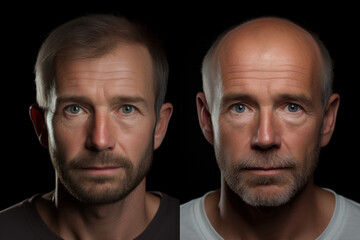 Poster - A before-and-after comparison of a hair transplant procedure, emphasizing the concept of transformation. Generative Ai.