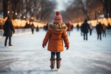 Beautiful little cute girl learn to skate on ice skating rink in park. Fall down and have fun. Stylish look, warm woolen coat, hat, scarf, snood. Winter family activities, sport, games outdoors.