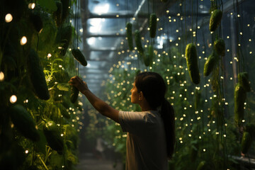 Canvas Print - A person inspecting healthy cucumbers flourishing in a temperature-controlled greenhouse, representing year-round cultivation. Generative Ai.