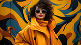 Fototapeta  - Elegancka kobieta w żółtym płaszczu z grafitti w tle. 