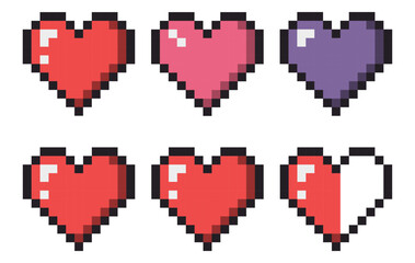 Pixel hearts set in pixel style on white background. Health bar pixel game concept. Retro game interface. 8 bit vector illustration of computer game.